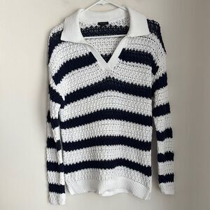 TALBOTS WOMEN OPEN STITCH JOHNNY COLLAR PULLOVER  SWEATER STRIPED KNIT NAUTICAL